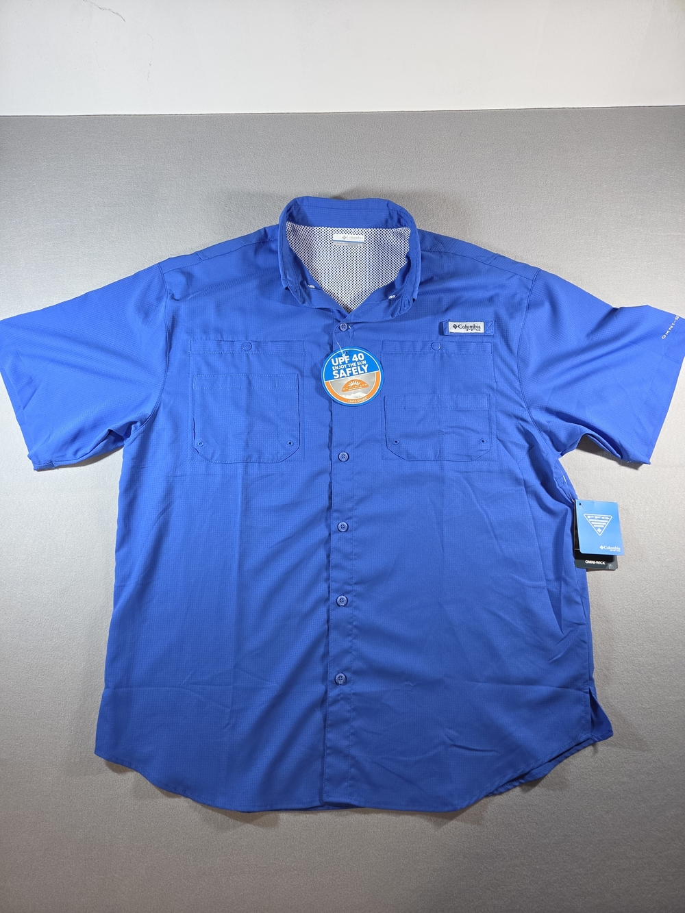 Columbia PFG Shirt Mens Large Blue Short Sleeve Bahama Fishing Button Up